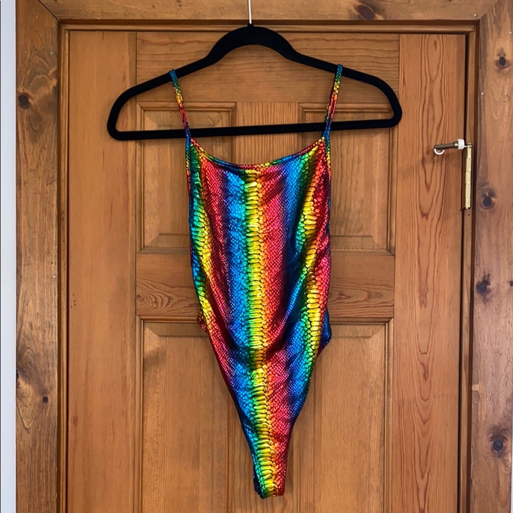 Rainbow Snakeskin Bodysuit NWT Pride Hologram Holographic low back